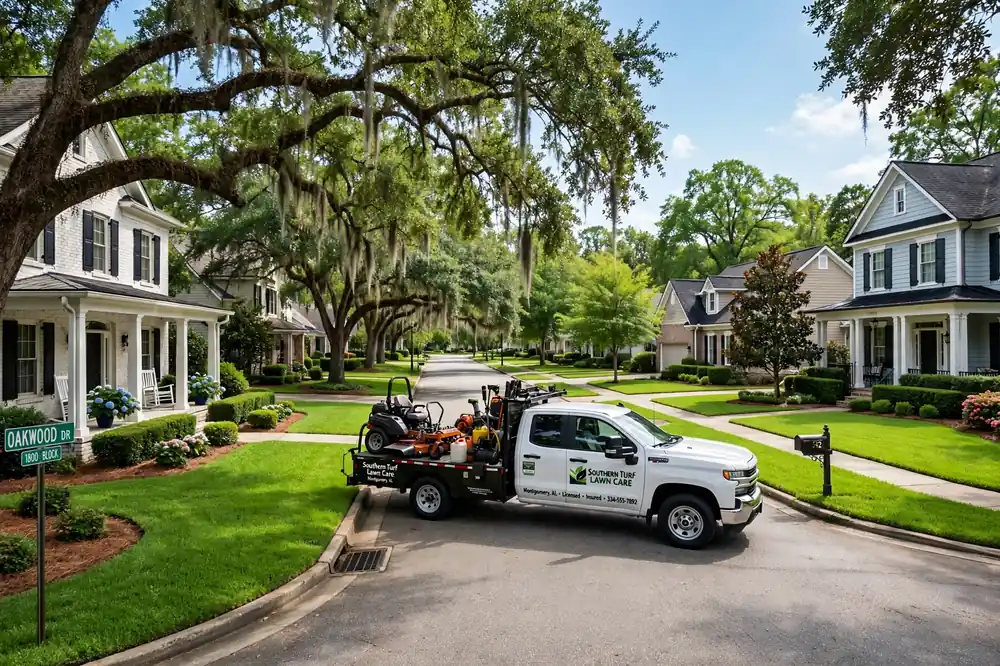 Suburban street in Montgomery Alabama with well-kept green lawns