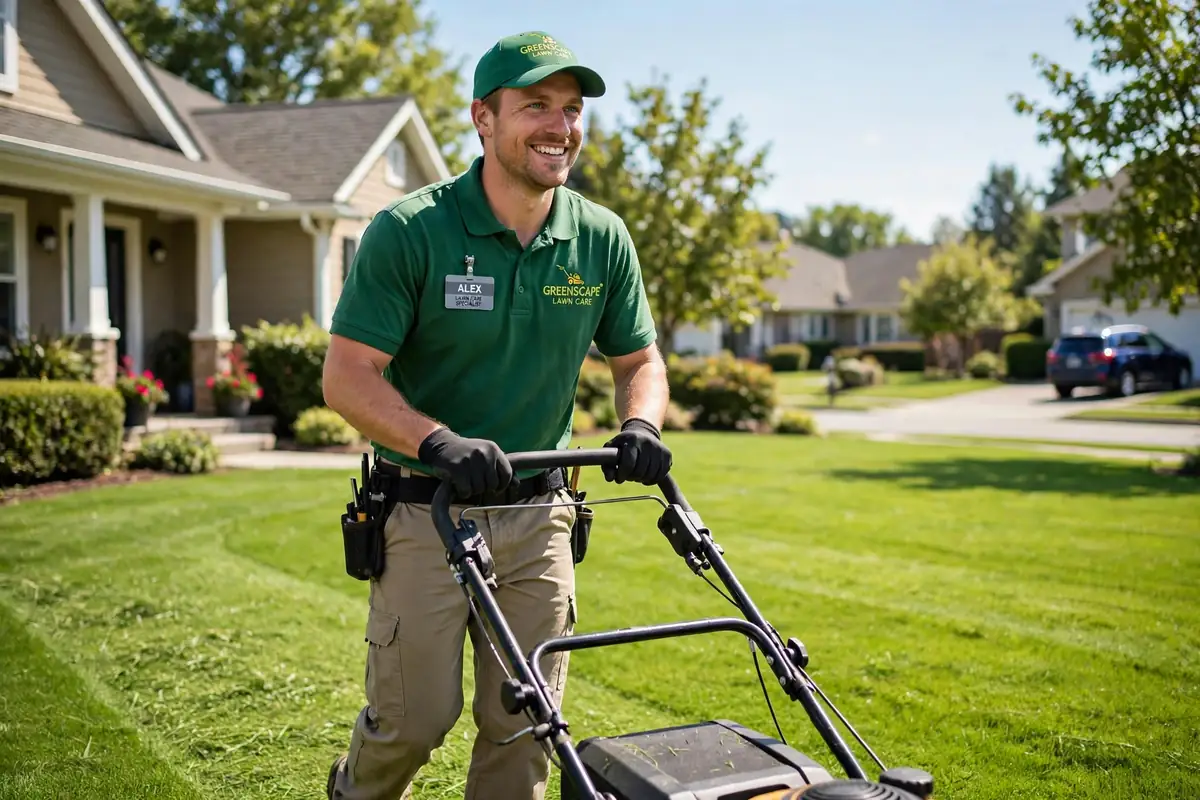 Friendly lawn care worker mowing a green lawn