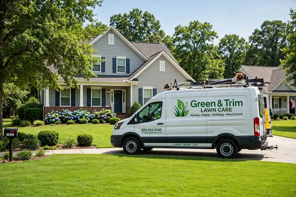 Lawn care service van in Montgomery Alabama neighborhood