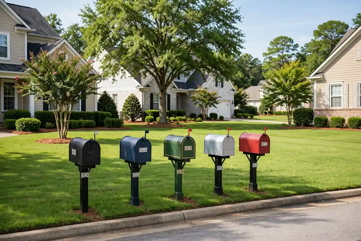 Mailboxes in front of Montgomery Alabama homes with green lawns